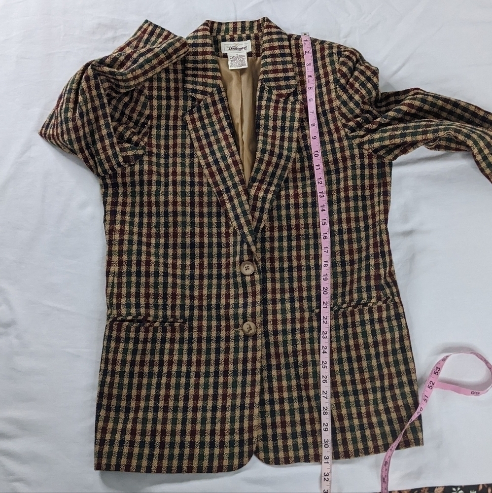 VTG Wool Plaid Tan Green Button Front Blazer Lined Academia Revival 90s - Picture 6 of 7